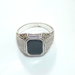 Cheap Men's Silver Plated Brass Alloy Rings With Stimulated Black Onyx Stone